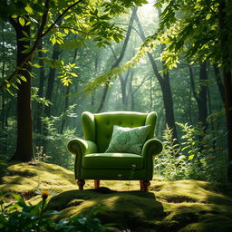 A vibrant green upholstered chair elegantly positioned in the middle of a lush, serene forest