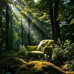 A vibrant green upholstered chair elegantly positioned in the middle of a lush, serene forest