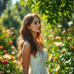 A thin woman with a softly blushing pink face, wearing a flowing white dress, standing in a lush green garden filled with blooming flowers