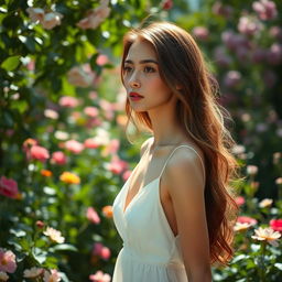 A thin woman with a softly blushing pink face, wearing a flowing white dress, standing in a lush green garden filled with blooming flowers