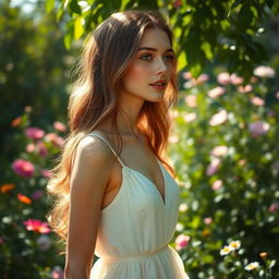 A thin woman with a softly blushing pink face, wearing a flowing white dress, standing in a lush green garden filled with blooming flowers