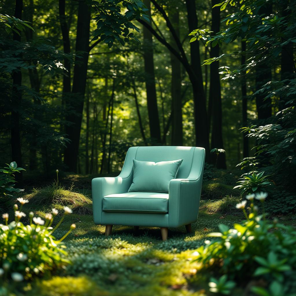 A small, light green upholstered chair elegantly placed in the middle of a lush, serene forest