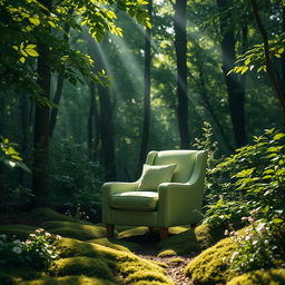 A small, light green upholstered chair elegantly placed in the middle of a lush, serene forest