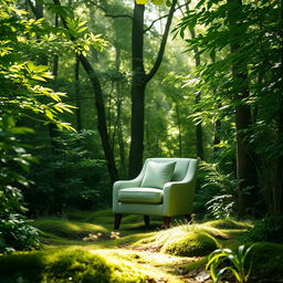 A small, light green upholstered chair elegantly placed in the middle of a lush, serene forest