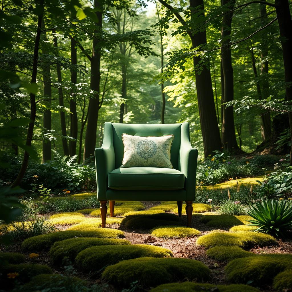 A stylish green upholstered chair prominently displayed in the center of a lush, serene forest