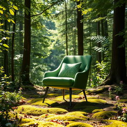 A stylish green upholstered chair prominently displayed in the center of a lush, serene forest