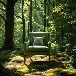 A stylish green upholstered chair prominently displayed in the center of a lush, serene forest