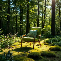 A stylish green upholstered chair prominently displayed in the center of a lush, serene forest