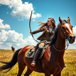 A skilled young woman performing horseback archery, elegantly poised atop a majestic Arabian horse