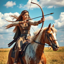 A skilled young woman performing horseback archery, elegantly poised atop a majestic Arabian horse