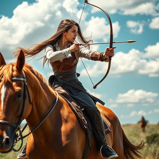 A skilled young woman performing horseback archery, elegantly poised atop a majestic Arabian horse