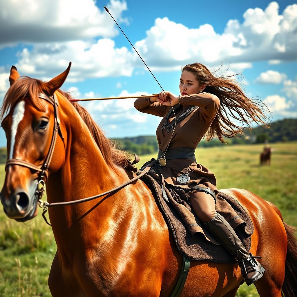 A skilled young woman performing horseback archery, elegantly poised atop a majestic Arabian horse