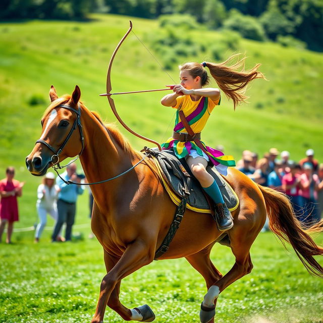 A dynamic scene of a young woman expertly riding a horse while simultaneously participating in an archery competition