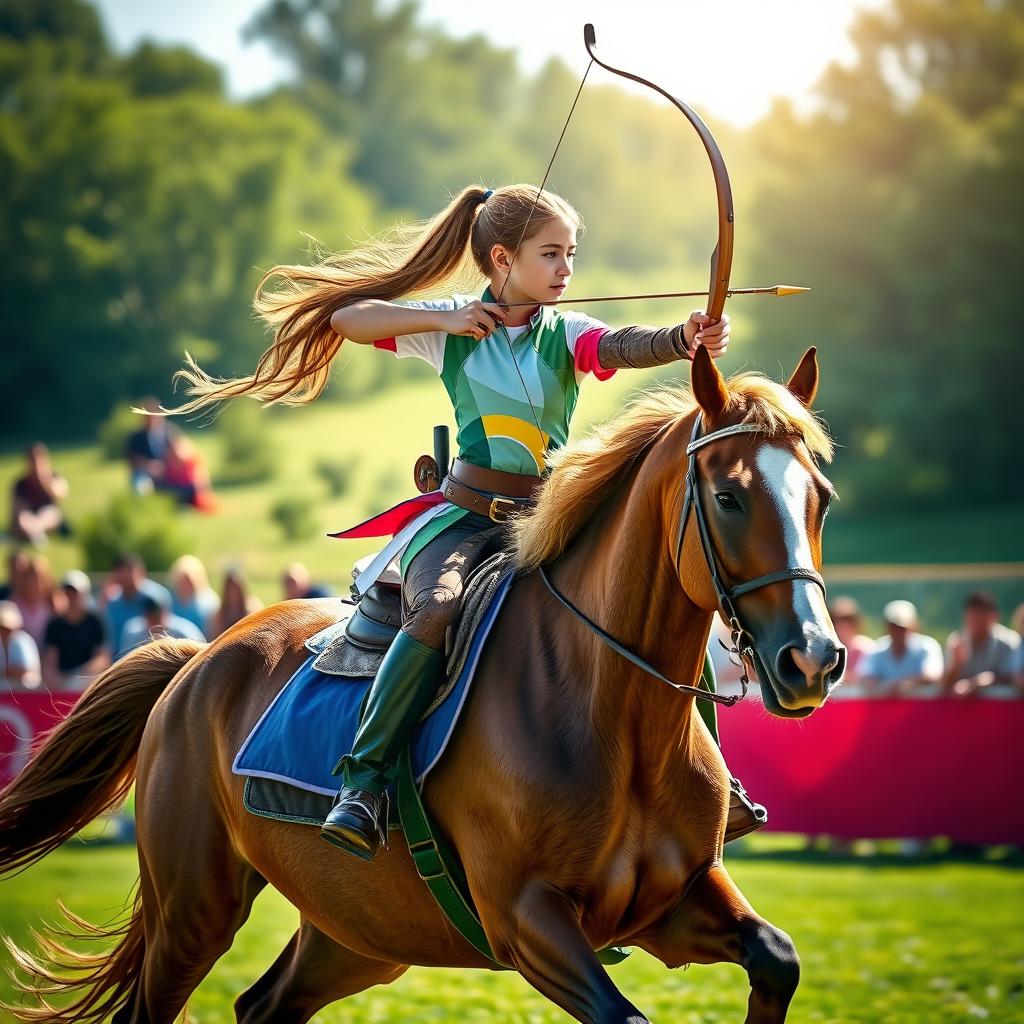 A dynamic scene of a young woman expertly riding a horse while simultaneously participating in an archery competition