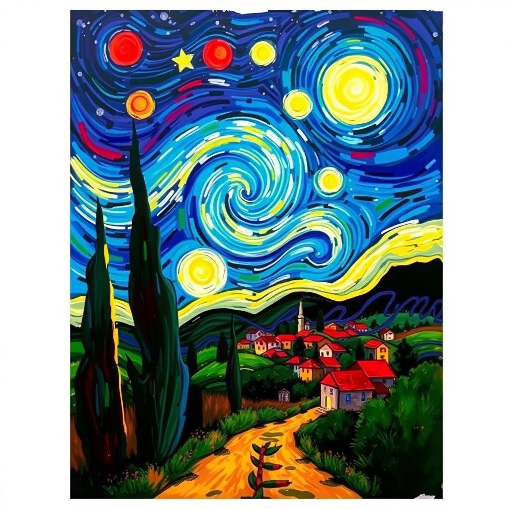A vibrant and colorful abstract painting inspired by the works of Vincent van Gogh, featuring swirling starry skies, bold brush strokes, and lively colors