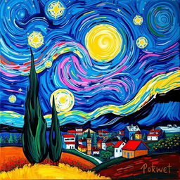 A vibrant and colorful abstract painting inspired by the works of Vincent van Gogh, featuring swirling starry skies, bold brush strokes, and lively colors