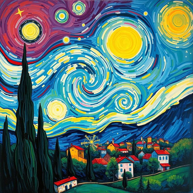 A vibrant and colorful abstract painting inspired by the works of Vincent van Gogh, featuring swirling starry skies, bold brush strokes, and lively colors