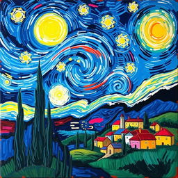 A vibrant and colorful abstract painting inspired by the works of Vincent van Gogh, featuring swirling starry skies, bold brush strokes, and lively colors