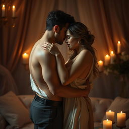 A sensual and intimate depiction of two adults embracing in a passionate and romantic setting, surrounded by soft candlelight and luxurious fabrics that enhance the mood