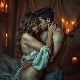 A sensual and intimate depiction of two adults embracing in a passionate and romantic setting, surrounded by soft candlelight and luxurious fabrics that enhance the mood