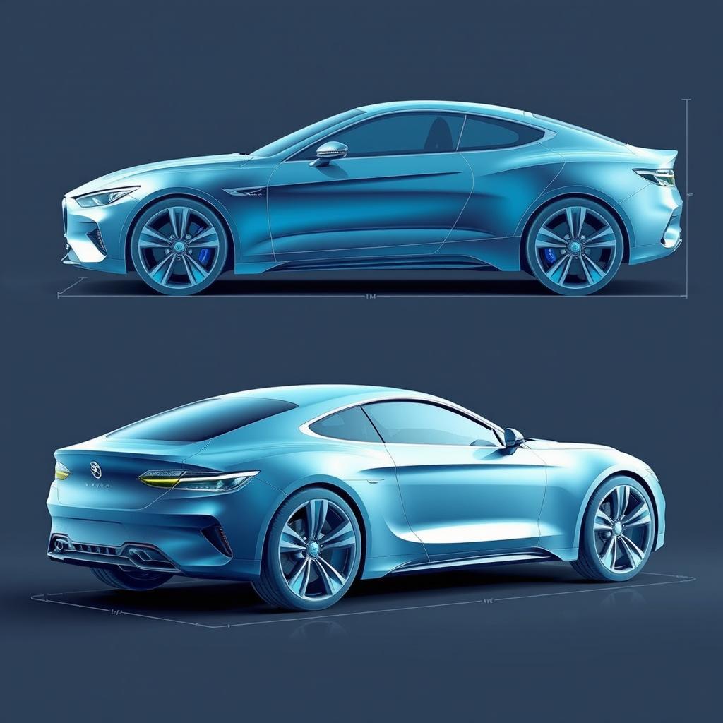 A detailed 3D and 2D blueprint of a sleek car, showcasing its design from multiple angles