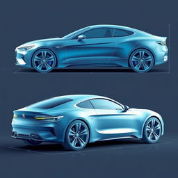 A detailed 3D and 2D blueprint of a sleek car, showcasing its design from multiple angles