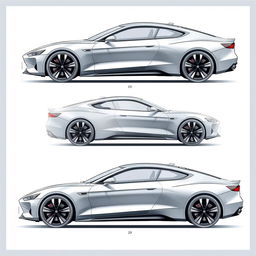 A detailed 3D and 2D blueprint of a sleek car, showcasing its design from multiple angles