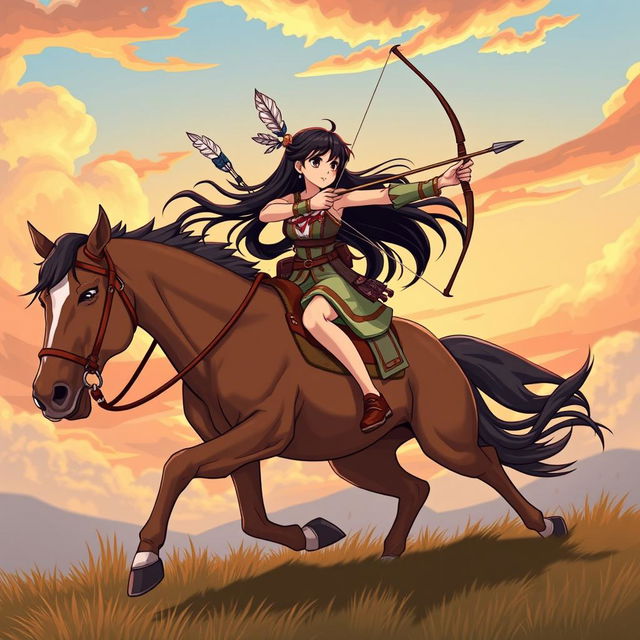 An illustration of a girl with long black hair riding a majestic horse, skillfully practicing horseback archery