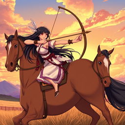 An illustration of a girl with long black hair riding a majestic horse, skillfully practicing horseback archery