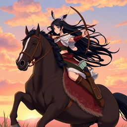 An illustration of a girl with long black hair riding a majestic horse, skillfully practicing horseback archery