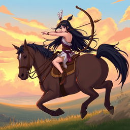 An illustration of a girl with long black hair riding a majestic horse, skillfully practicing horseback archery