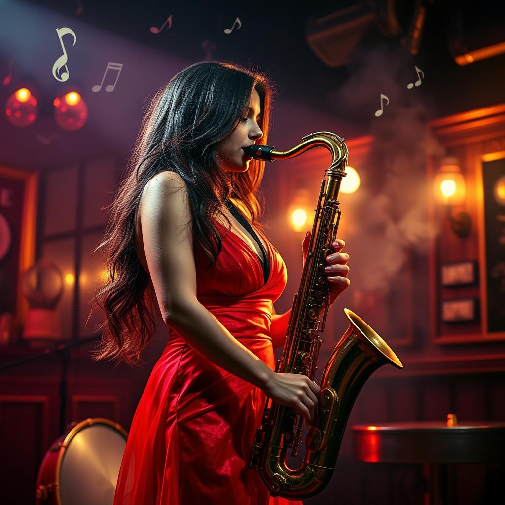 A sultry, vibrant scene depicting an attractive woman playing a saxophone on a dimly lit stage