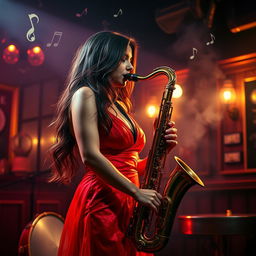 A sultry, vibrant scene depicting an attractive woman playing a saxophone on a dimly lit stage