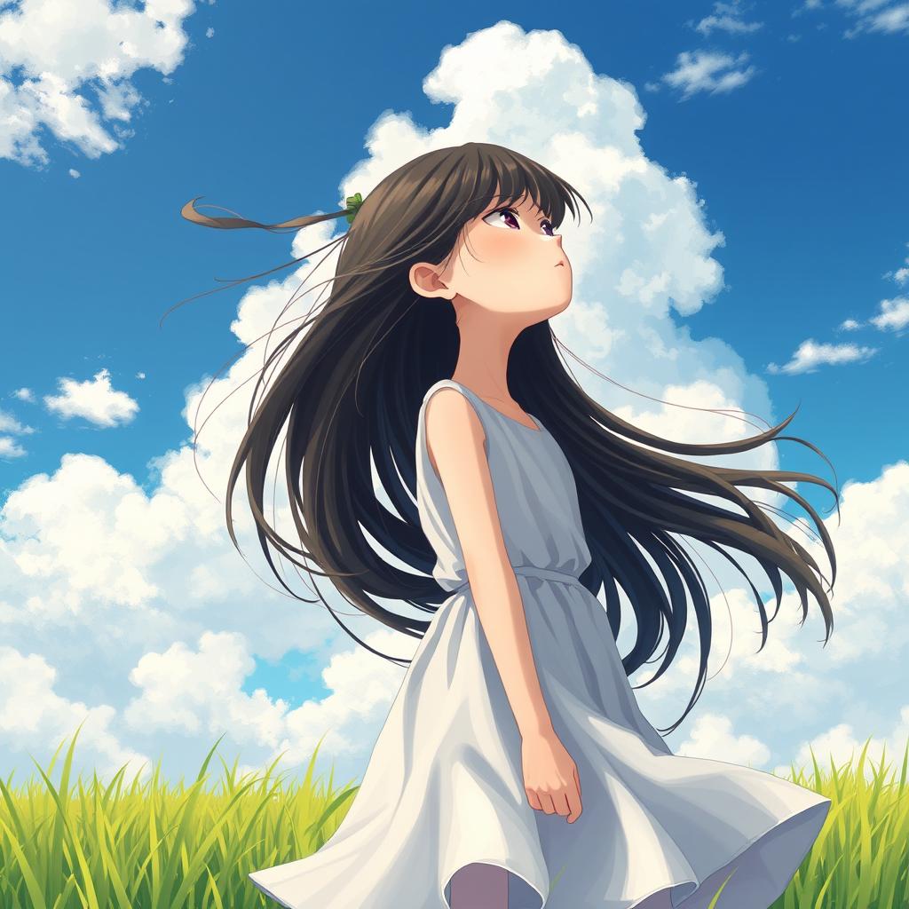 A girl gazing up at the sky, her long black hair flowing elegantly in the wind