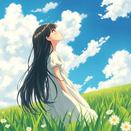 A girl gazing up at the sky, her long black hair flowing elegantly in the wind