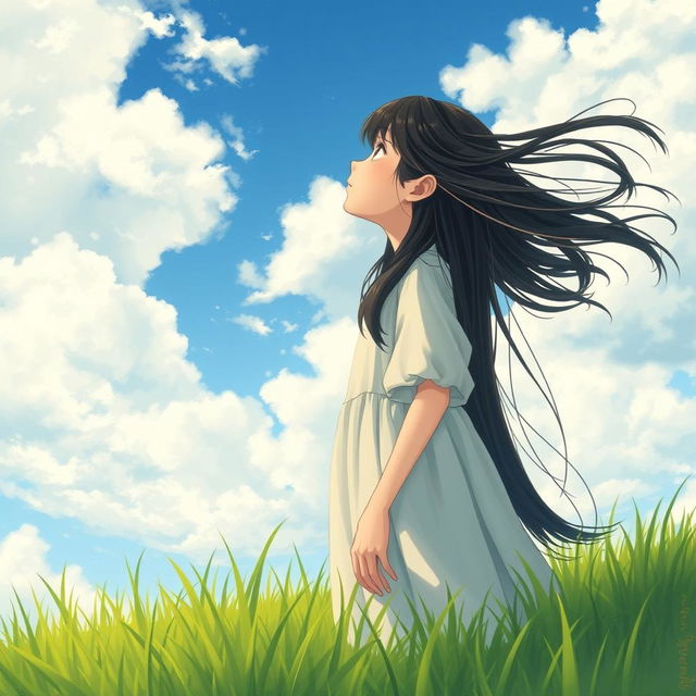 A girl gazing up at the sky, her long black hair flowing elegantly in the wind