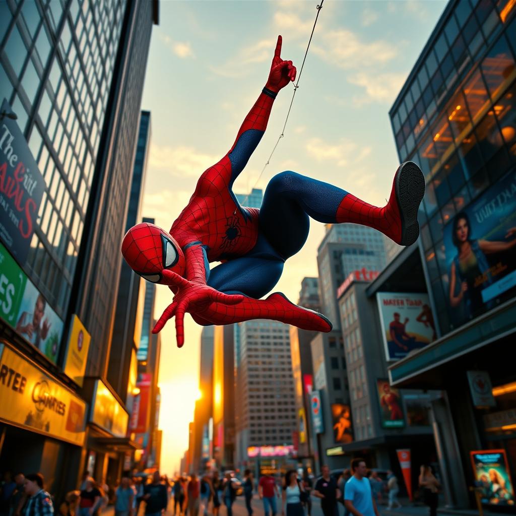 A dynamic and action-packed scene featuring Spider-Man swinging through a vibrant cityscape