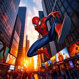 A dynamic and action-packed scene featuring Spider-Man swinging through a vibrant cityscape