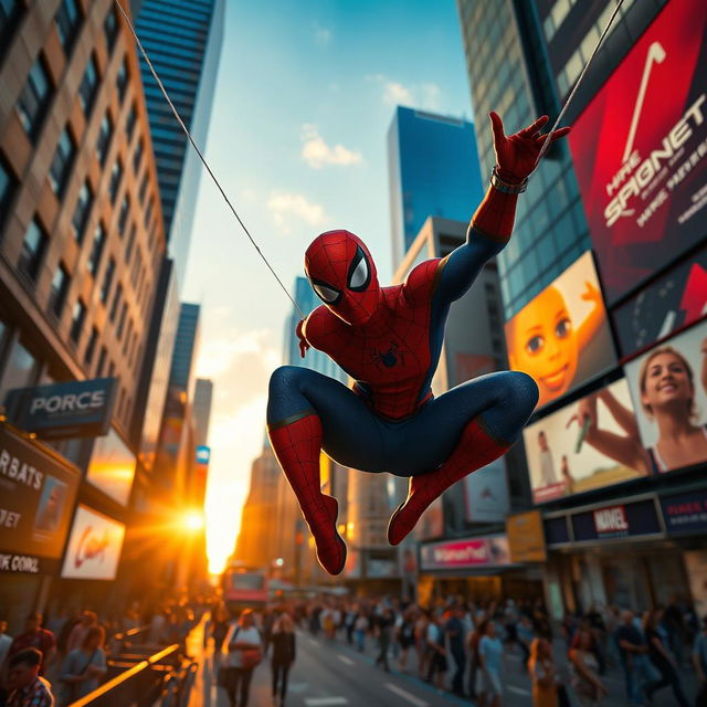 A dynamic and action-packed scene featuring Spider-Man swinging through a vibrant cityscape