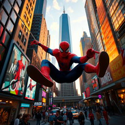 A dynamic and action-packed scene featuring Spider-Man swinging through a vibrant cityscape