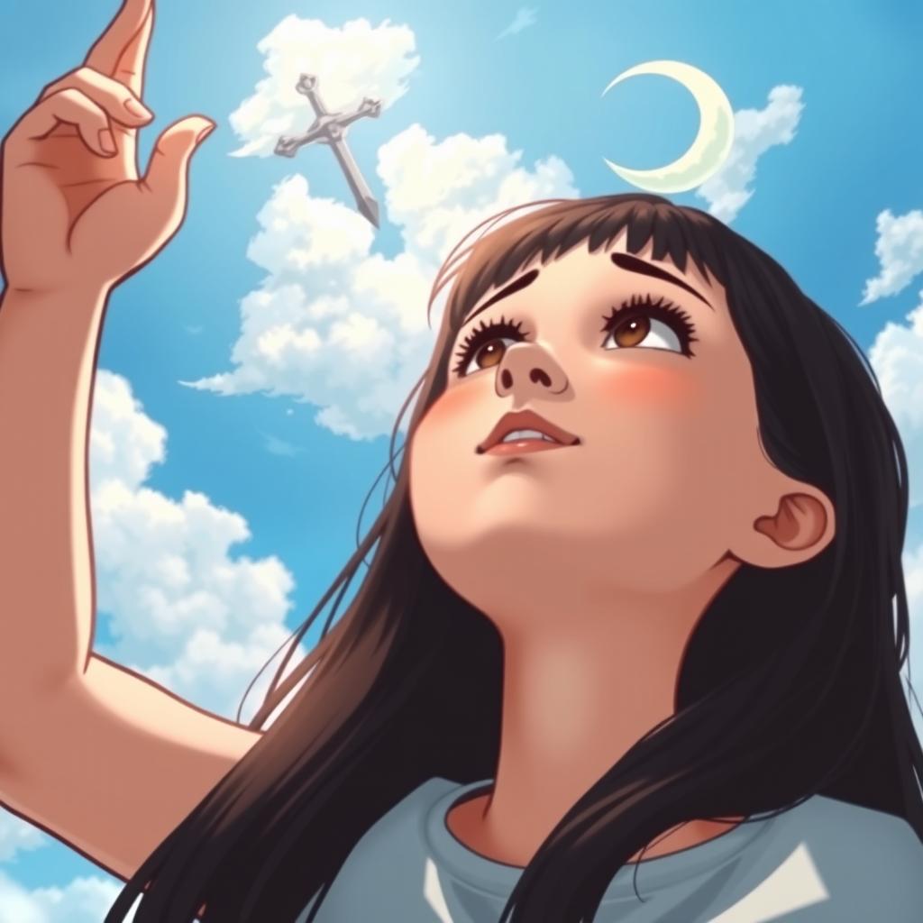 A girl with long black hair looking up at the sky, raising her hand towards the heavens