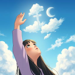 A girl with long black hair looking up at the sky, raising her hand towards the heavens