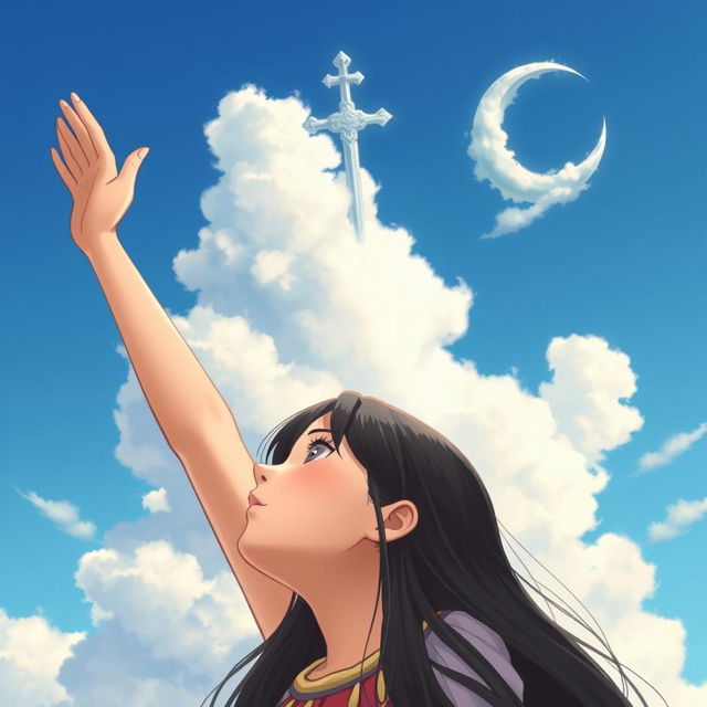 A girl with long black hair looking up at the sky, raising her hand towards the heavens