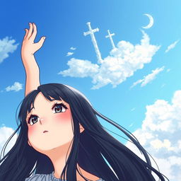 A girl with long black hair looking up at the sky, raising her hand towards the heavens