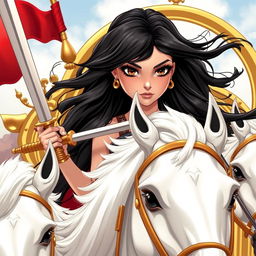A beautiful female warrior with high cheekbones and long eyelashes, featuring hazel brown eyes
