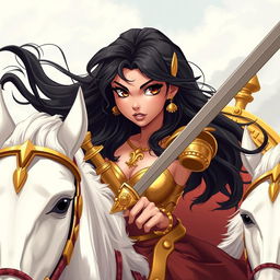 A beautiful female warrior with high cheekbones and long eyelashes, featuring hazel brown eyes