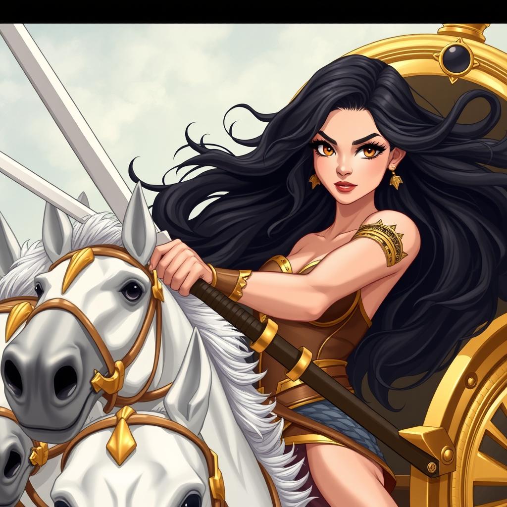 A beautiful female warrior with high cheekbones and long eyelashes, featuring hazel brown eyes