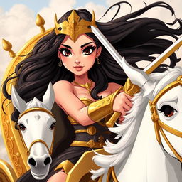 A beautiful female warrior with high cheekbones and long eyelashes, featuring hazel brown eyes