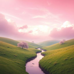 a dreamy landscape featuring rolling hills covered in lush, soft grass under a pastel pink sky filled with fluffy clouds, with a gentle river flowing through the scene reflecting the pink hues of the sky, and a few cherry blossom trees scattered throughout, creating a serene and whimsical atmosphere