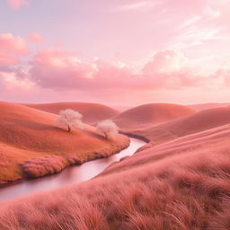 a dreamy landscape featuring rolling hills covered in lush, soft grass under a pastel pink sky filled with fluffy clouds, with a gentle river flowing through the scene reflecting the pink hues of the sky, and a few cherry blossom trees scattered throughout, creating a serene and whimsical atmosphere